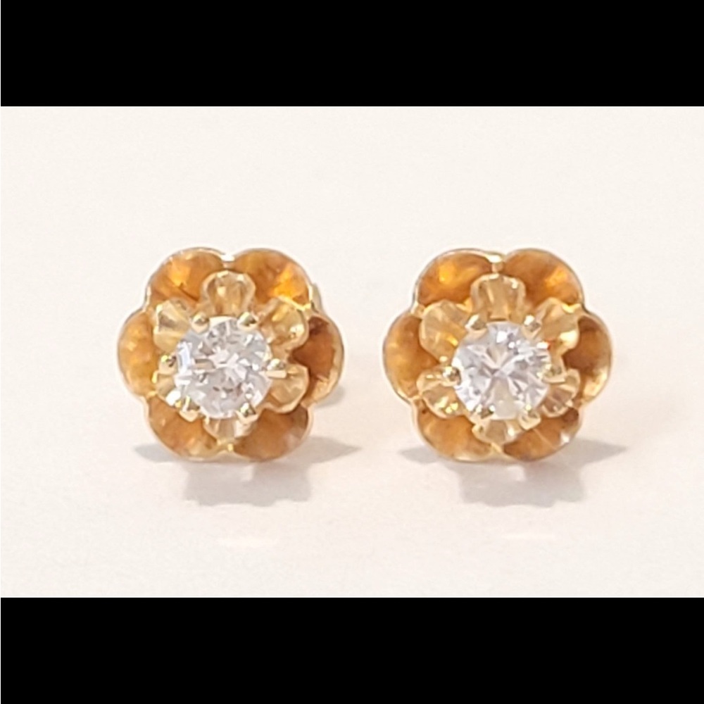Beautiful Solid 14K Gold Tiny Diamond Buttercup Stud Earrings W Butterfly Backs.